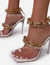 Sandalias de tacón de punta cuadrada para mujer,  de lujo con cadena de Metal