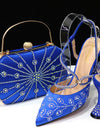 Bolso y zapatos de tacón alto azul para mujer, flores y plantas diseño italiano