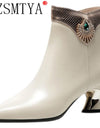 Botines de cuero con tacón bajo para mujer, botas puntiagudas