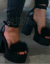 Sandalias peludas de tacón alto con plataforma de cuero para mujer