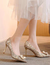 Zapatos de boda dorados para dama de honor, de tacón alto con lentejuelas