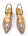Zapatos de tacón con brillantes para mujer, puntiagudos, con borla de encaje de color dorado