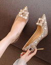 Zapatos de boda dorados para dama de honor, de tacón alto con lentejuelas