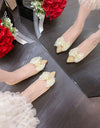 Zapatos de tacón bajo para mujer, de punta estrecha, lazo, perla, banquete