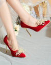 Zapatos De tacón alto con diamantes De imitación para Mujer, elegante con lazo y perlas