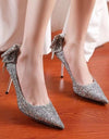 Zapatos De tacón alto con diamantes De imitación para Mujer, elegante con lazo y perlas