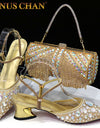 Zapatos de tacón con brillantes para mujer, puntiagudos, con borla de encaje de color dorado